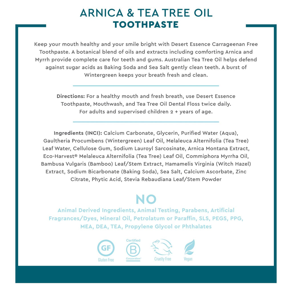 Desert Essence Arnica & Tea Tree Toothpaste – Carrageenan & Fluoride Free, Wintergreen Mint – Vegan, Non-GMO, Gluten-Free – 6.5 oz