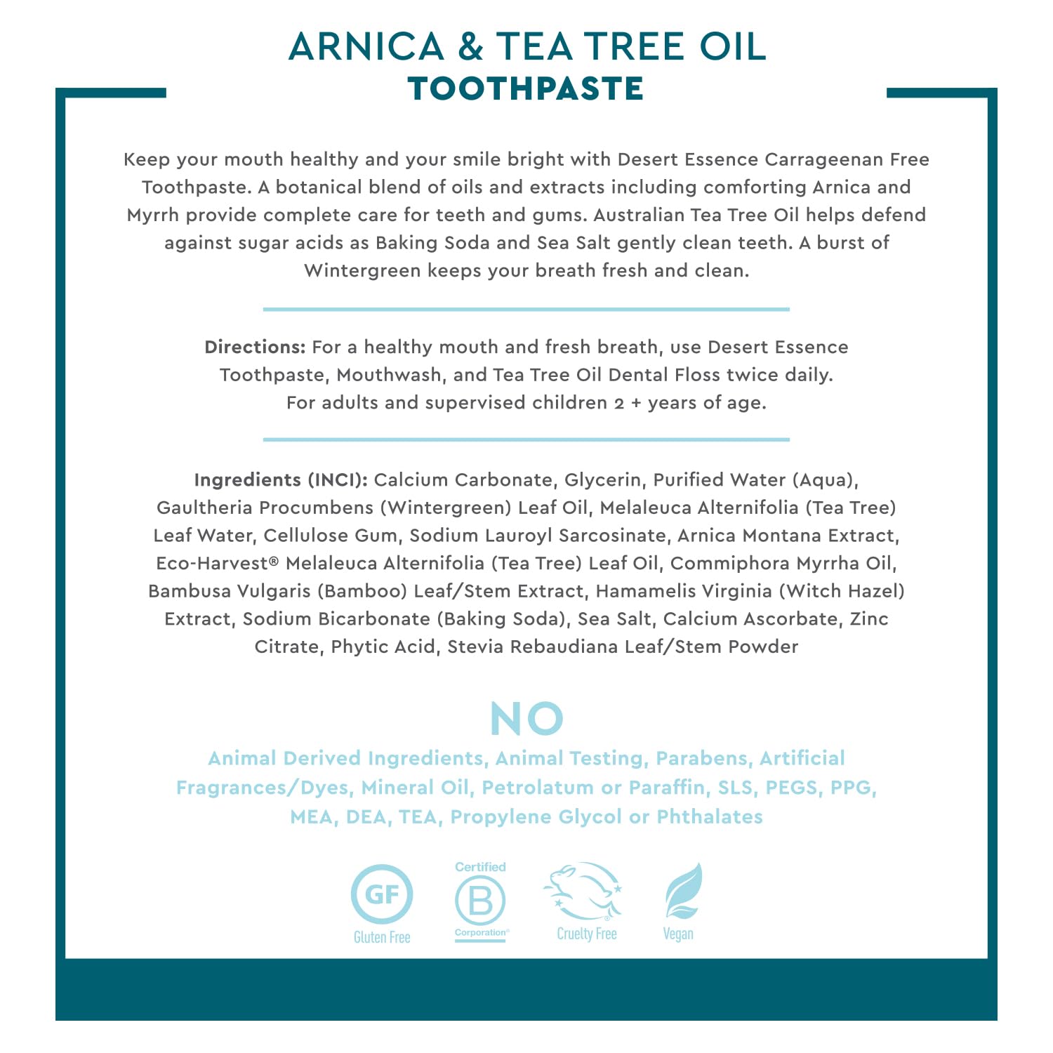 Desert Essence Arnica & Tea Tree Toothpaste – Carrageenan & Fluoride Free, Wintergreen Mint – Vegan, Non-GMO, Gluten-Free – 6.5 oz