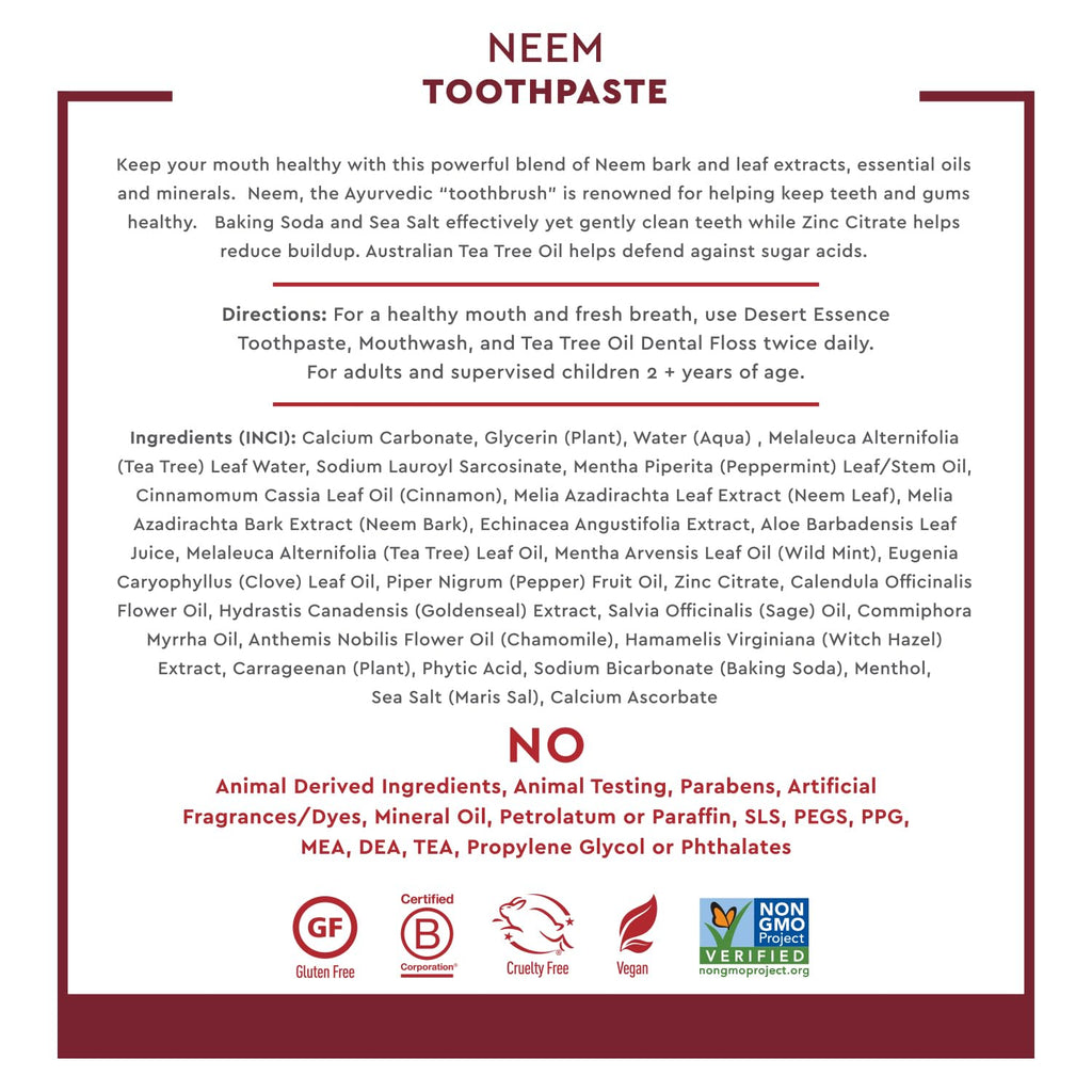 Desert Essence Neem Toothpaste - Cinnamint, 6.25 oz | Fluoride-Free Natural Oral Care