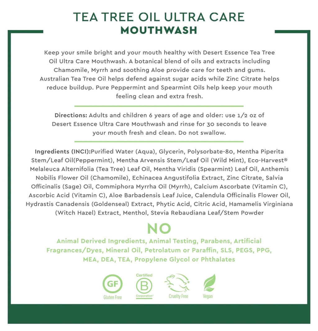Desert Essence Tea Tree Oil Mouthwash Ultra Care Mega Mint 16 oz | Fresh Breath & Gum Health