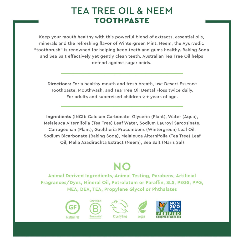 Desert Essence Tea Tree Oil & Neem Toothpaste - Fluoride-Free, Vegan, Wintergreen 6.25 oz