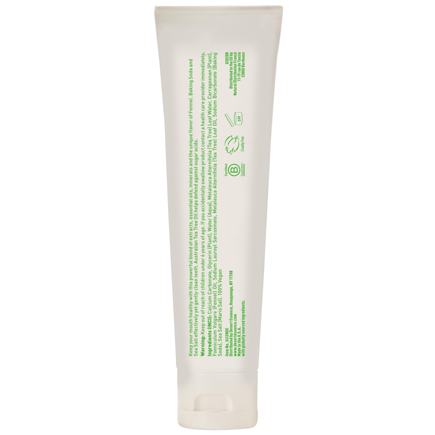 Desert Essence Tea Tree Oil & Fennel Toothpaste - Fluoride Free, Vegan | 6.25 oz