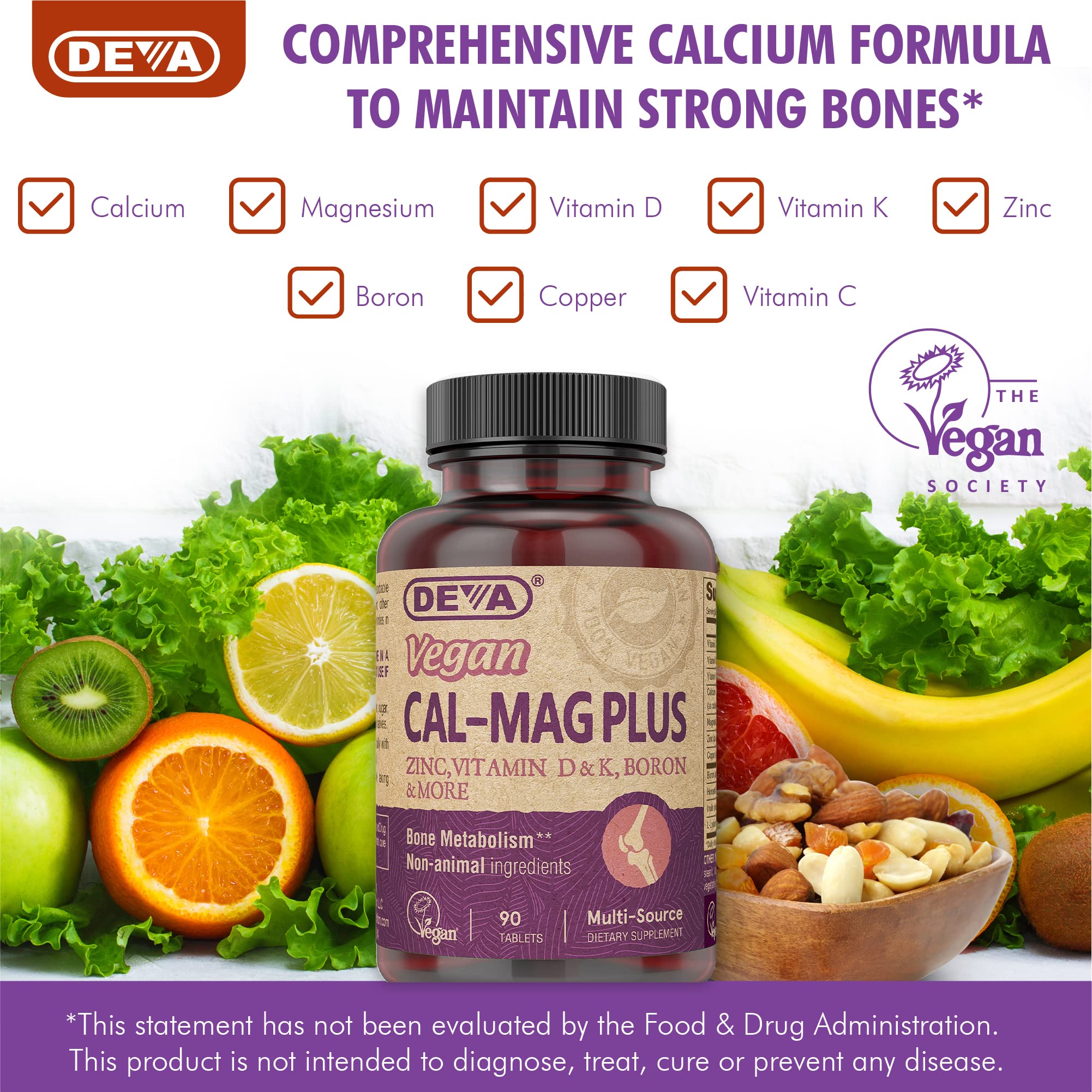DEVA Vegan Calcium Magnesium Plus 2-Pack – Zinc, Vitamins C D K | 90 Tablets Each