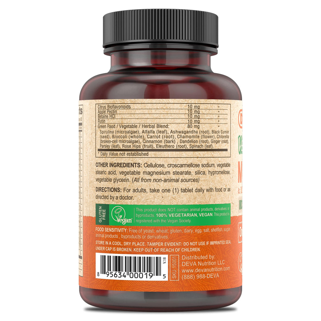 DEVA Vegan Iron-Free Multivitamin & Mineral – Green Foods Blend (90 Coated Tablets)