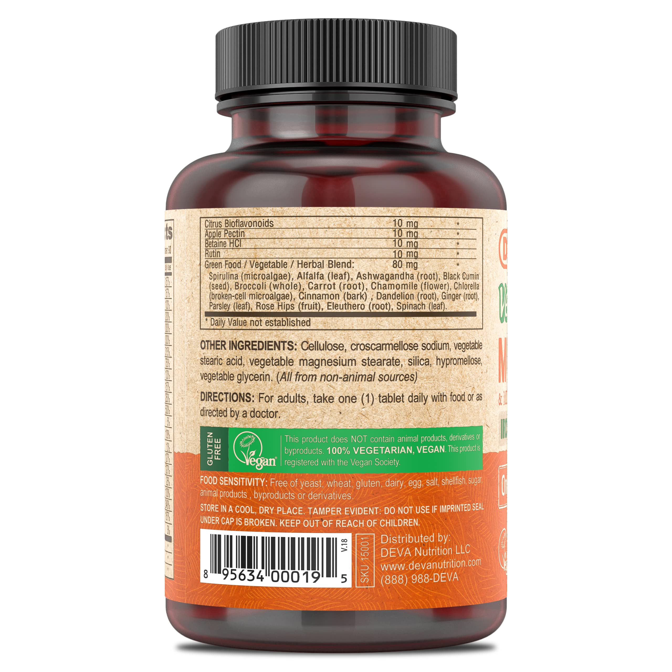 DEVA Vegan Iron-Free Multivitamin & Mineral – Green Foods Blend (90 Coated Tablets)