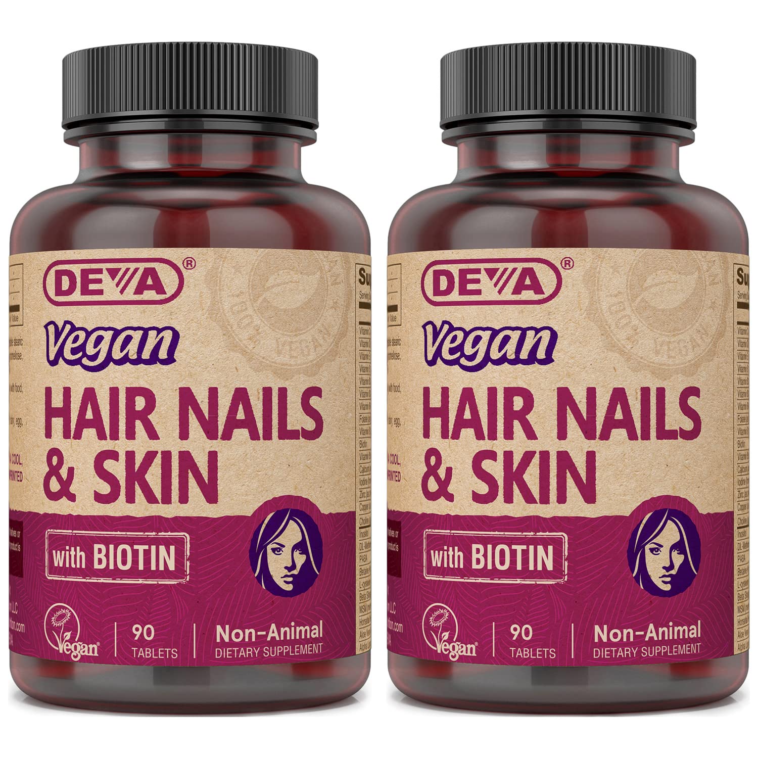 DEVA Vegan Hair, Nails & Skin Supplement - 500 mcg Biotin per Tablet - Pack of 2