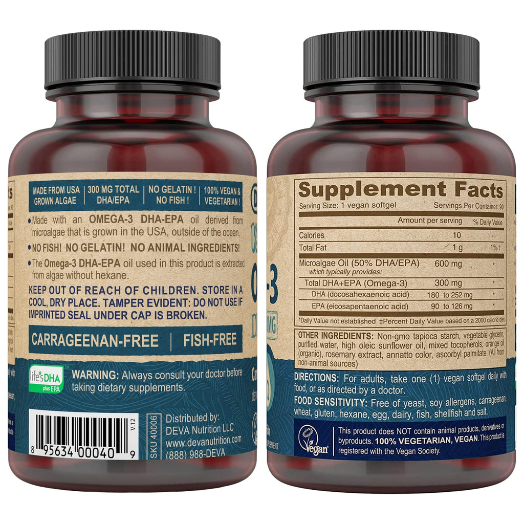 DEVA Vegan Omega-3 DHA-EPA Softgels - 300 mg DHA-EPA, 90 Count | Carrageenan & Gluten Free, Algae Oil