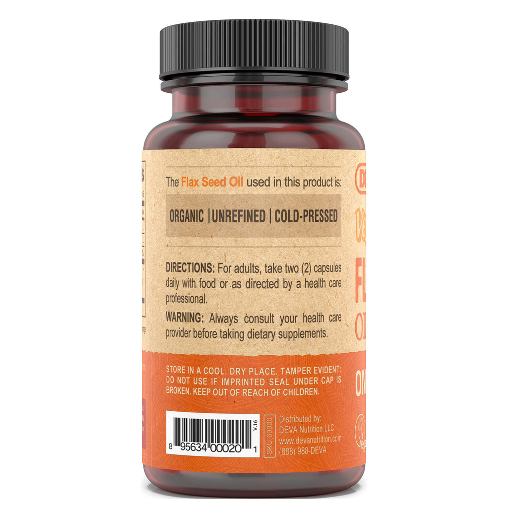 DEVA Organic Vegan Flax Seed Oil - Cold-Pressed & Unrefined, Omega-3 (90 Capsules) 2-Pack