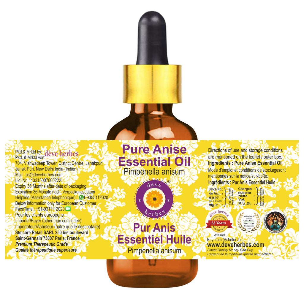 dève herbes Anise Essential Oil (Pimpinella anisum) with Glass Dropper | Pure | Non-Sticky | Non-Greasy | Lightweight | Men & Women | All Skin Types | Steam Distilled 30ml (1 oz)