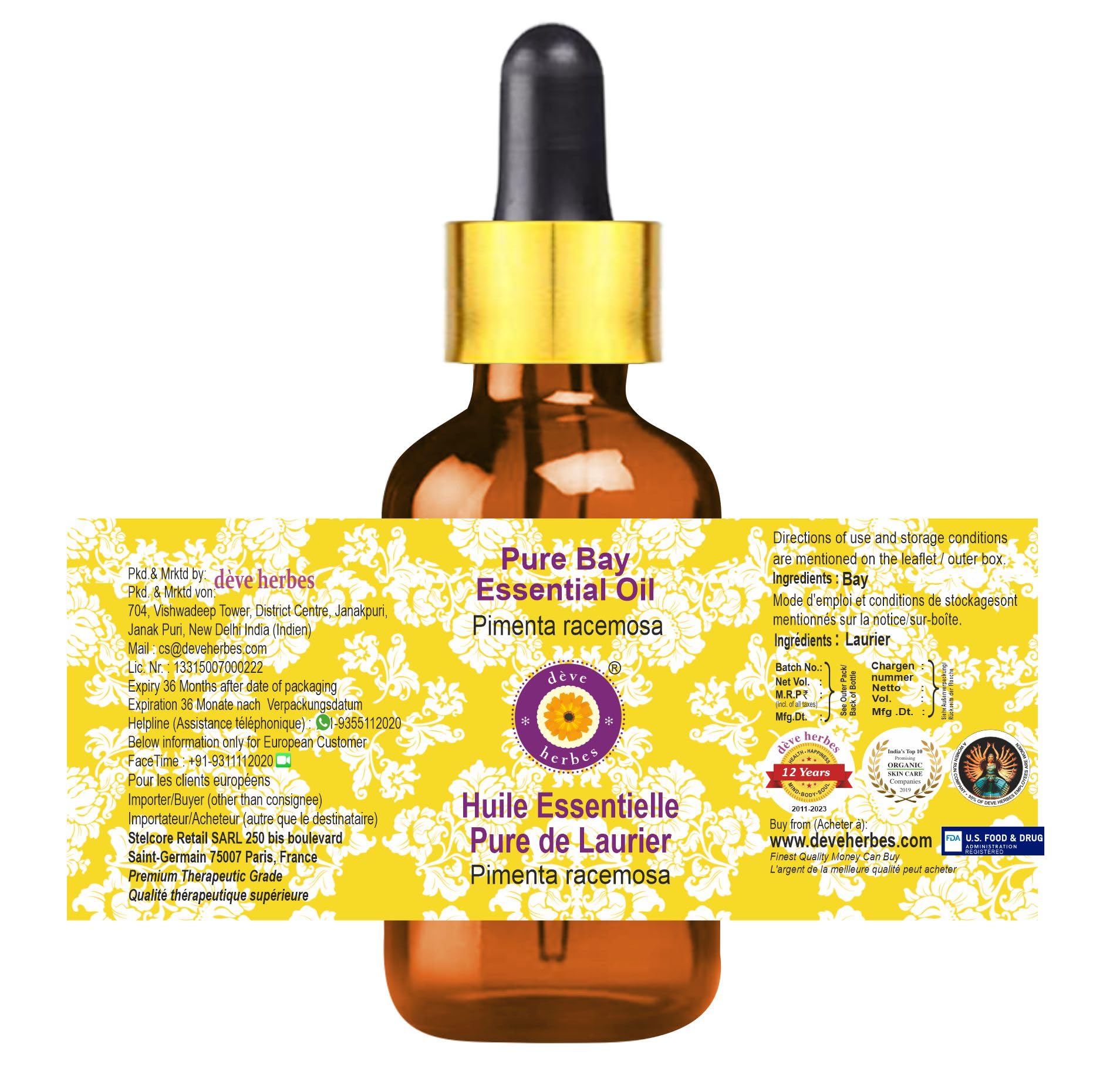 dève herbes Bay Essential Oil (Pimenta racemosa) – Steam Distilled 15ml | Glass Dropper | Pure & Non-Greasy