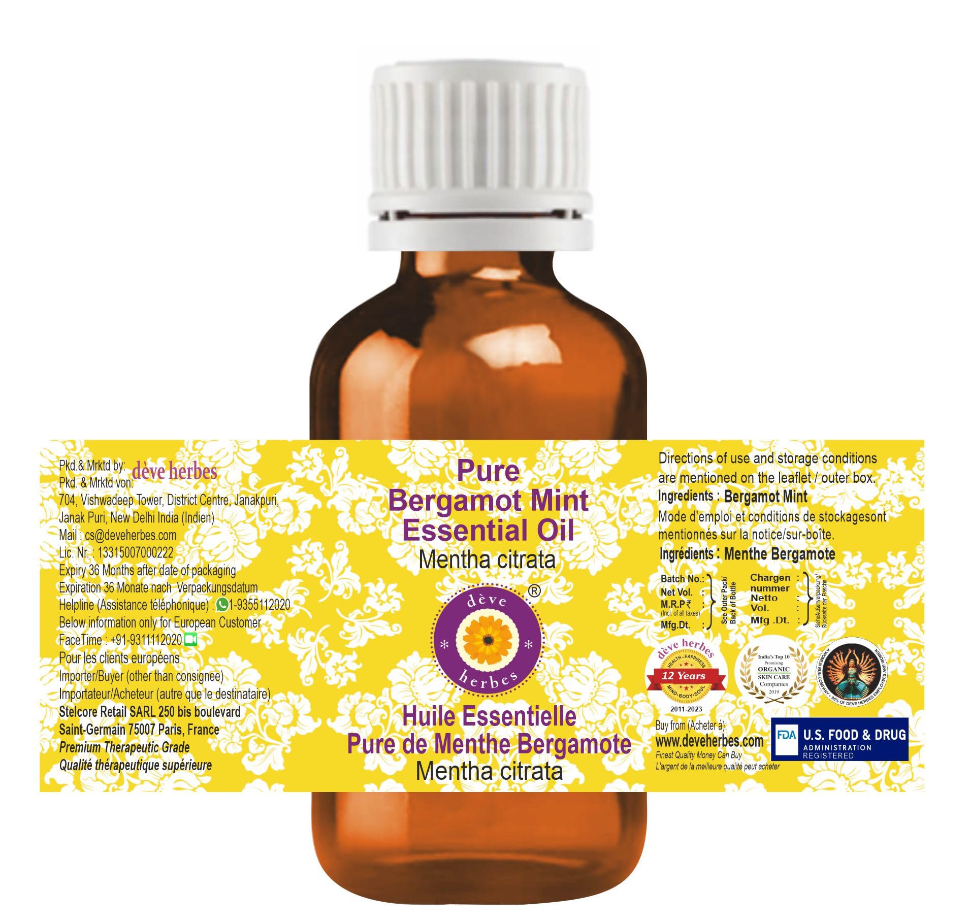 Deve Herbes Pure Bergamot Mint Essential Oil (Mentha citrata) – Steam Distilled, 5ml