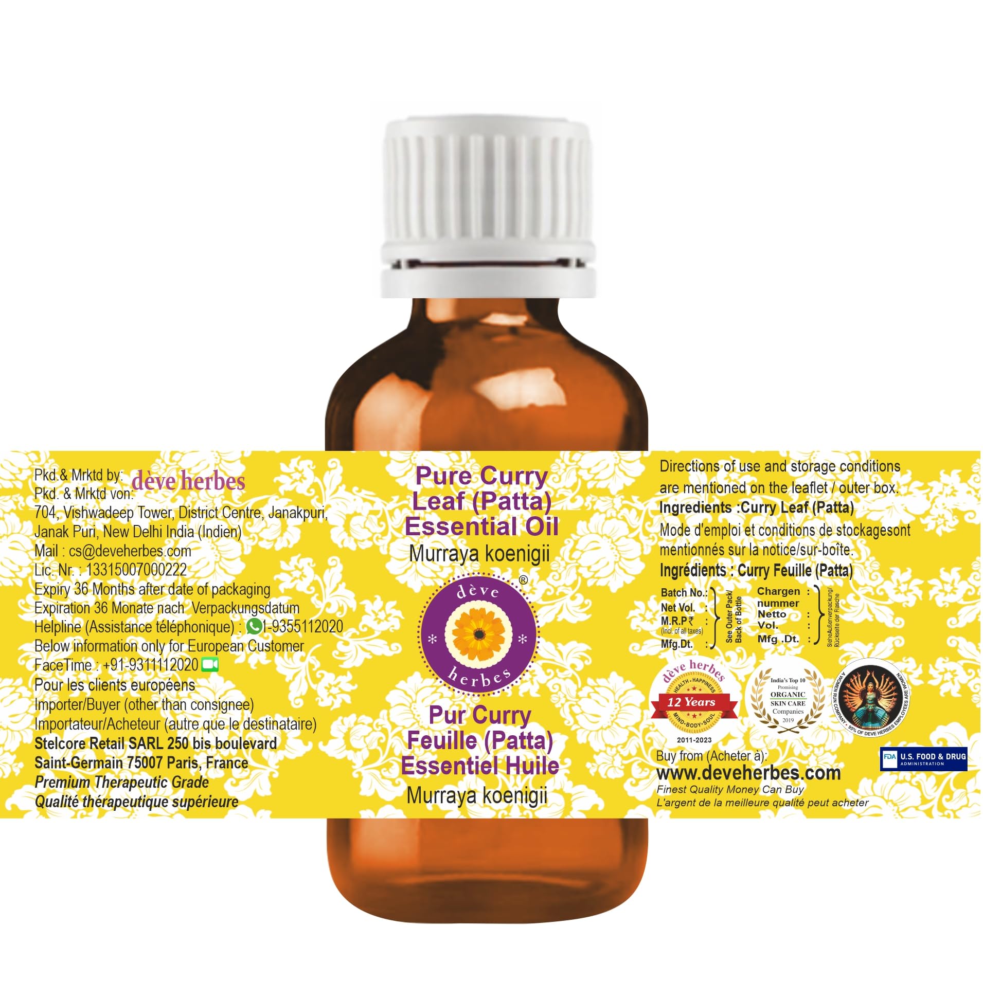 dève herbes Curry Leaf (Patta) Essential Oil (Murraya koenigii) Pure | Non-Sticky | Non-Greasy | Lightweight | Men & Women | All Skin Types | Steam Distilled 10ml (0.33 oz)
