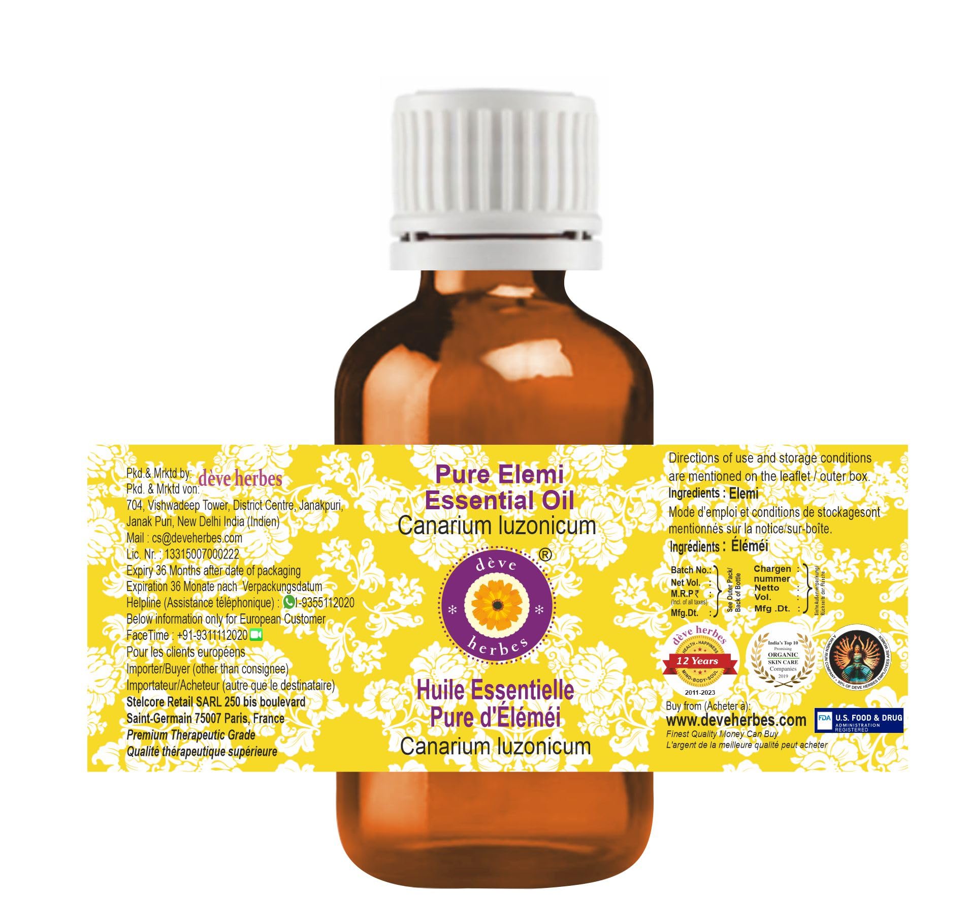 dève herbes Elemi Essential Oil (Canarium luzonicum) – Pure, Steam Distilled 10ml (0.33 oz) | Lightweight, Non-Greasy & Non-Sticky | All Skin Types | Men & Women