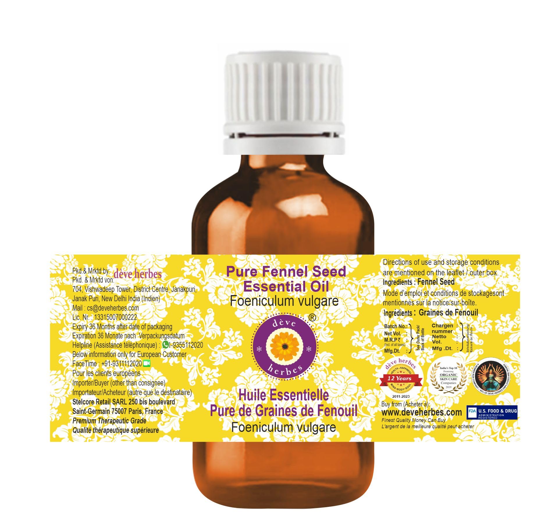Deve Herbes Pure Fennel Seed Essential Oil – 100% Natural Therapeutic Grade, Steam Distilled, 15ml