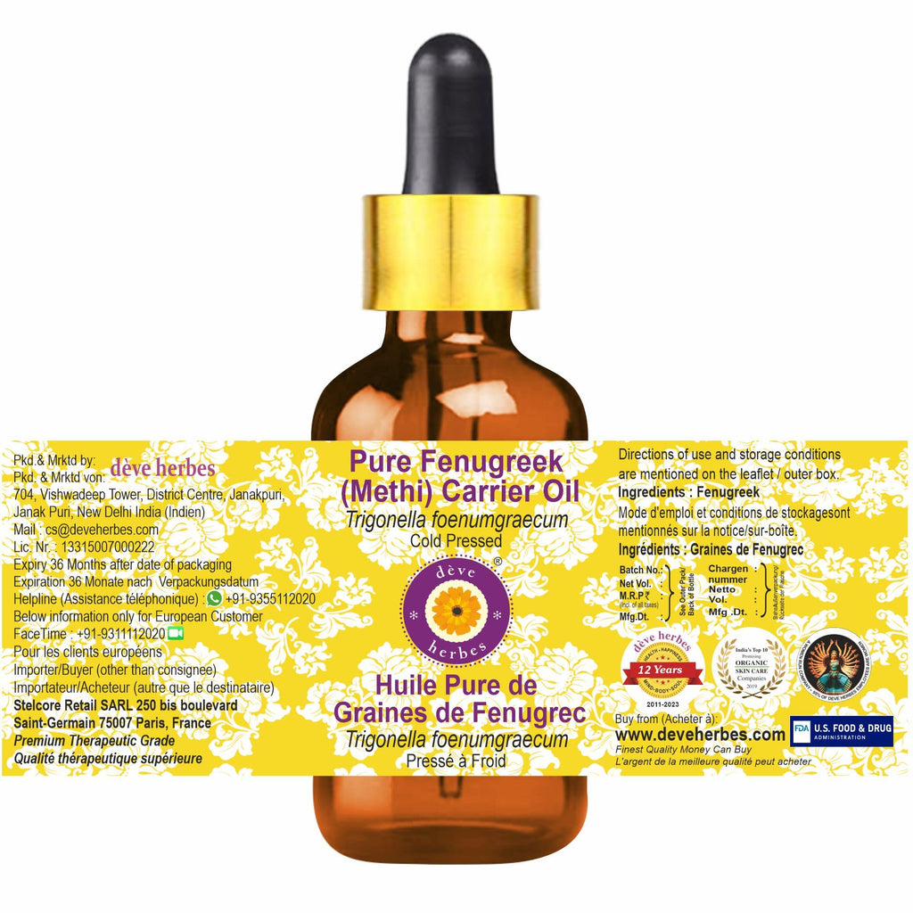 Deve Herbes Pure Fenugreek Oil (Methi) – Cold Pressed Carrier Oil, 100ml x 2 (Glass Dropper)