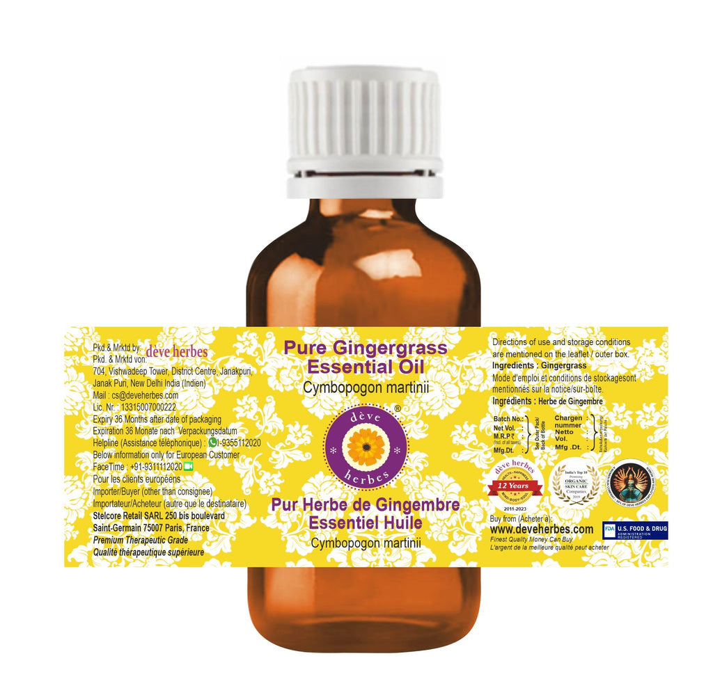 dève herbes Gingergrass Essential Oil (Cymbopogon martinii) – Pure 10ml | Steam Distilled | Non-Sticky & Non-Greasy | For All Skin Types