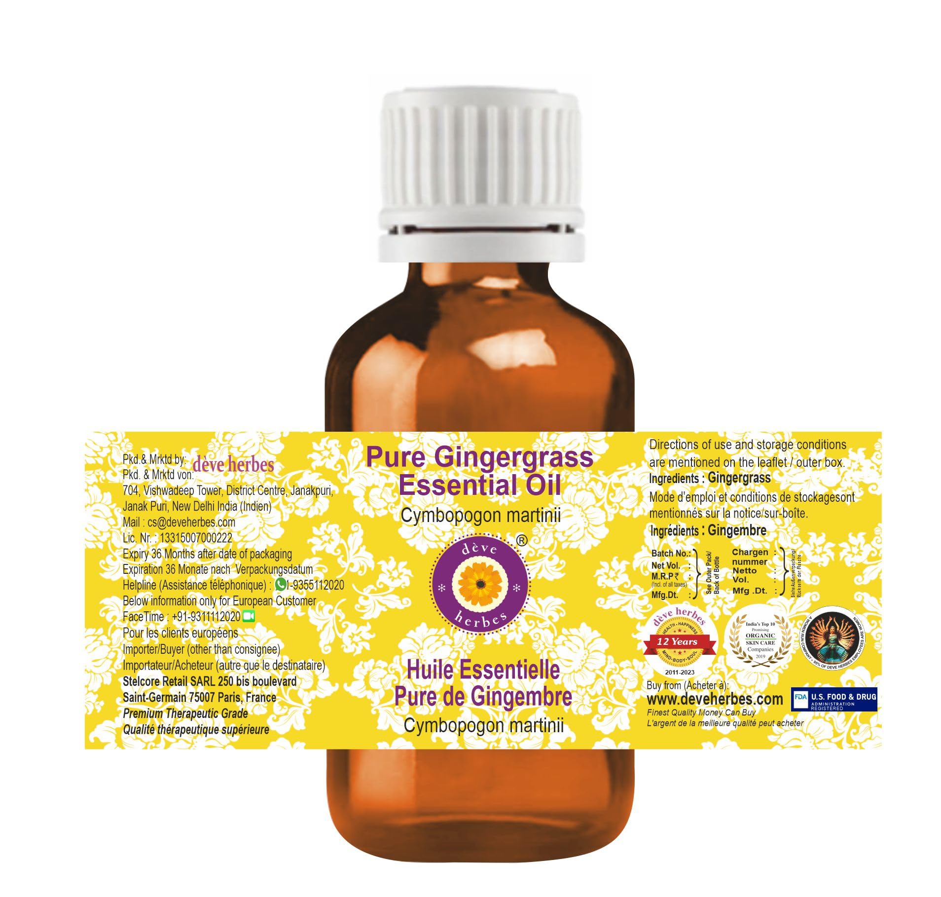 dève herbes Gingergrass Essential Oil – Cymbopogon martinii (50ml)