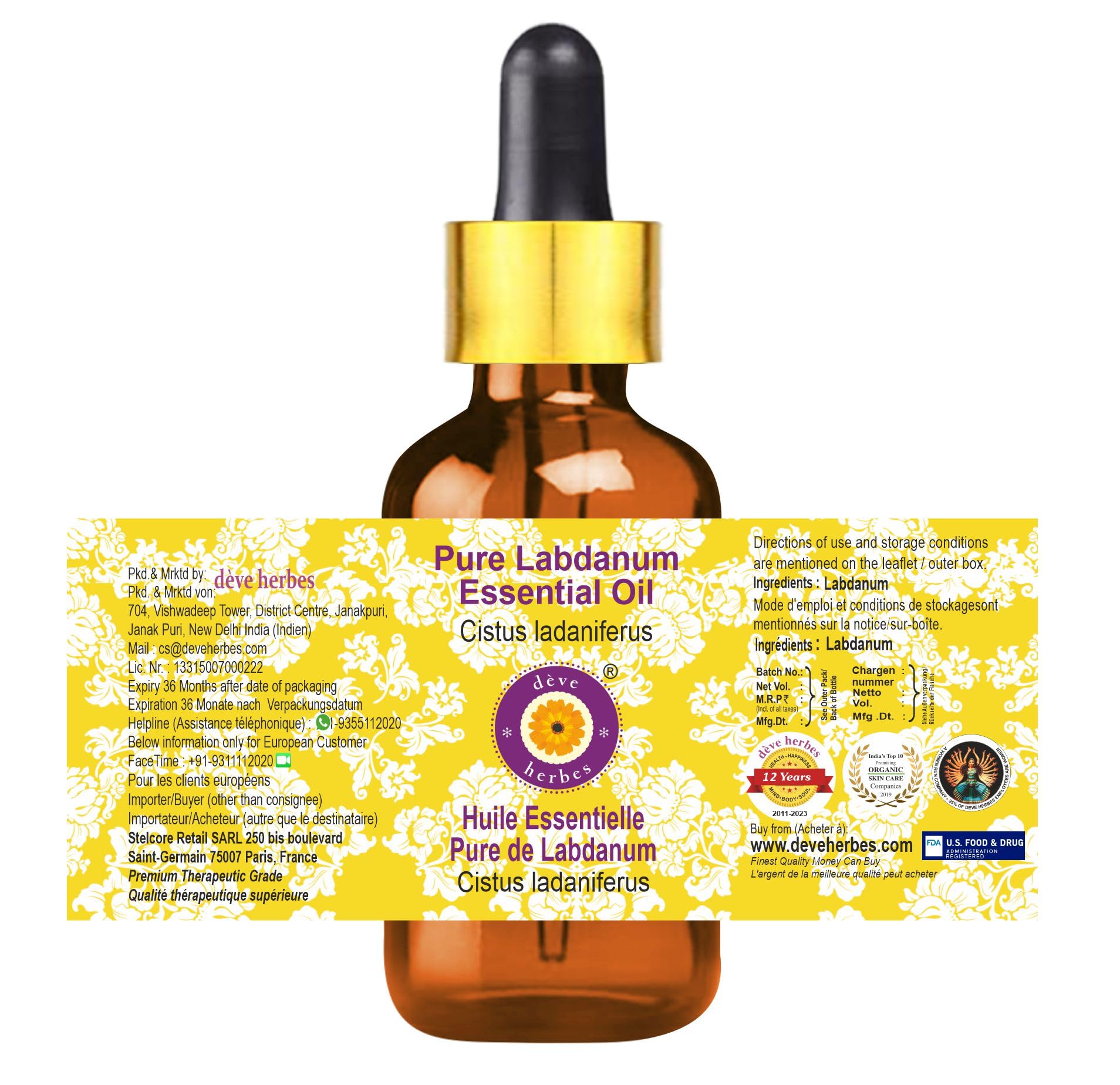 dève herbes Labdanum Essential Oil 50ml | Steam Distilled Cistus ladaniferus | Glass Dropper