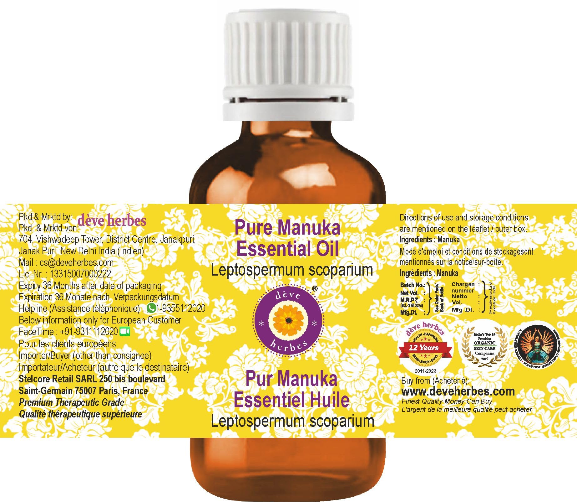 dève herbes Manuka Essential Oil (Leptospermum scoparium) Pure | Non-Sticky | Non-Greasy | Lightweight | Men & Women | All Skin Types | Steam Distilled 5ml (0.16 oz)