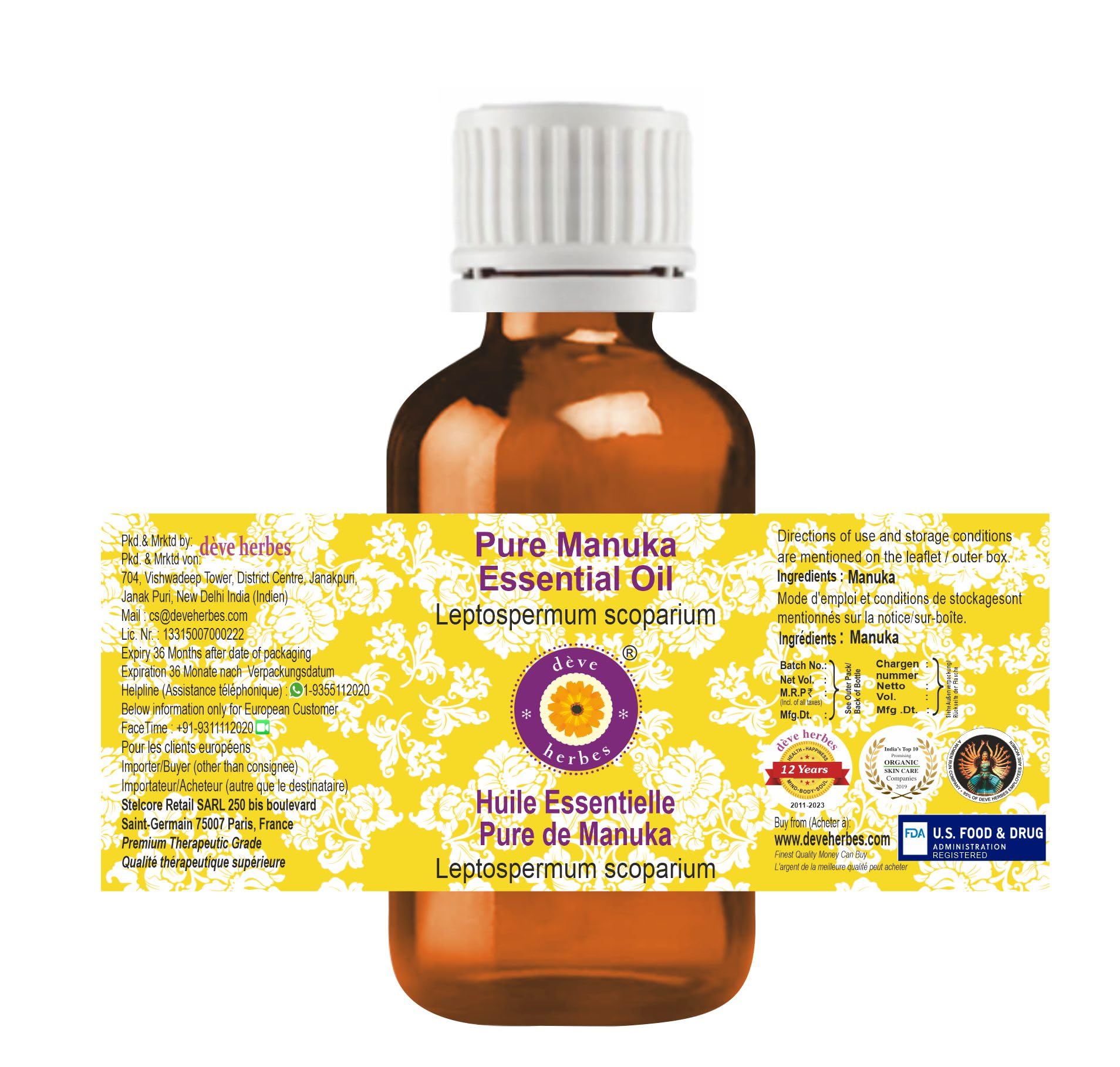 Deve Herbes Pure Manuka Essential Oil (Leptospermum scoparium) - Steam Distilled 2ml