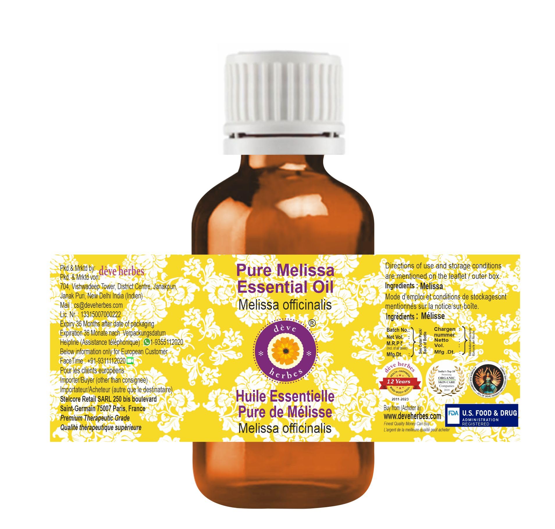 dève herbes Melissa Essential Oil 30ml – Pure, Steam Distilled | All Skin Types