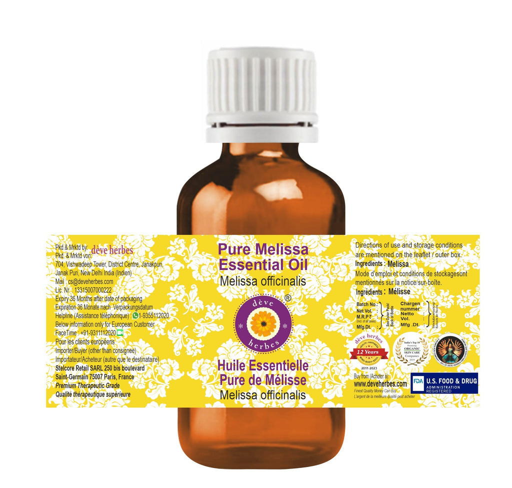 dève herbes Melissa Essential Oil (Melissa officinalis) Pure | Non-Sticky | Non-Greasy | Lightweight | Steam Distilled 50ml (1.69 oz)