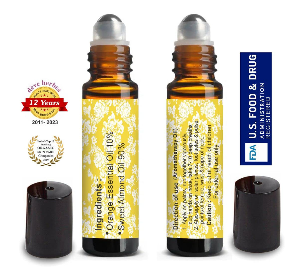 deve-herbes Orange Essential Oil Roll-On Prediluted 10ml for Aromatherapy and Skin (Kids & Adults)