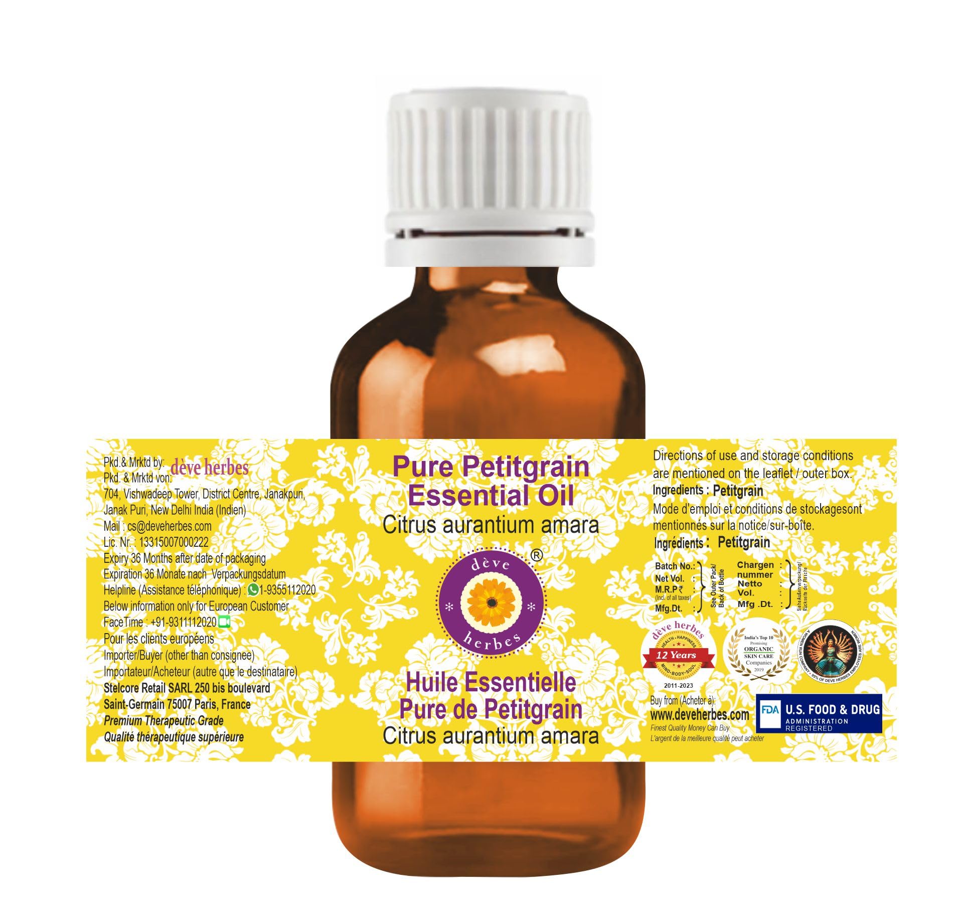 Deve Herbes Petitgrain Essential Oil (Citrus aurantium Amara) – Steam Distilled, 100ml x2