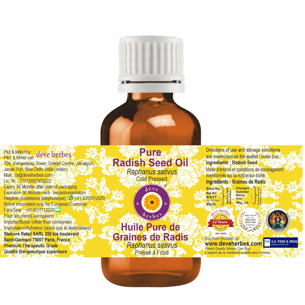 Deve Herbes Radish Seed Oil (Raphanus sativus) | Cold Pressed | Pure | Natural | Undiluted | For Diluting Essential oils | For Skin & Massage | Non-Sticky| Lightweight| Men & Women | 30ml (1 oz)