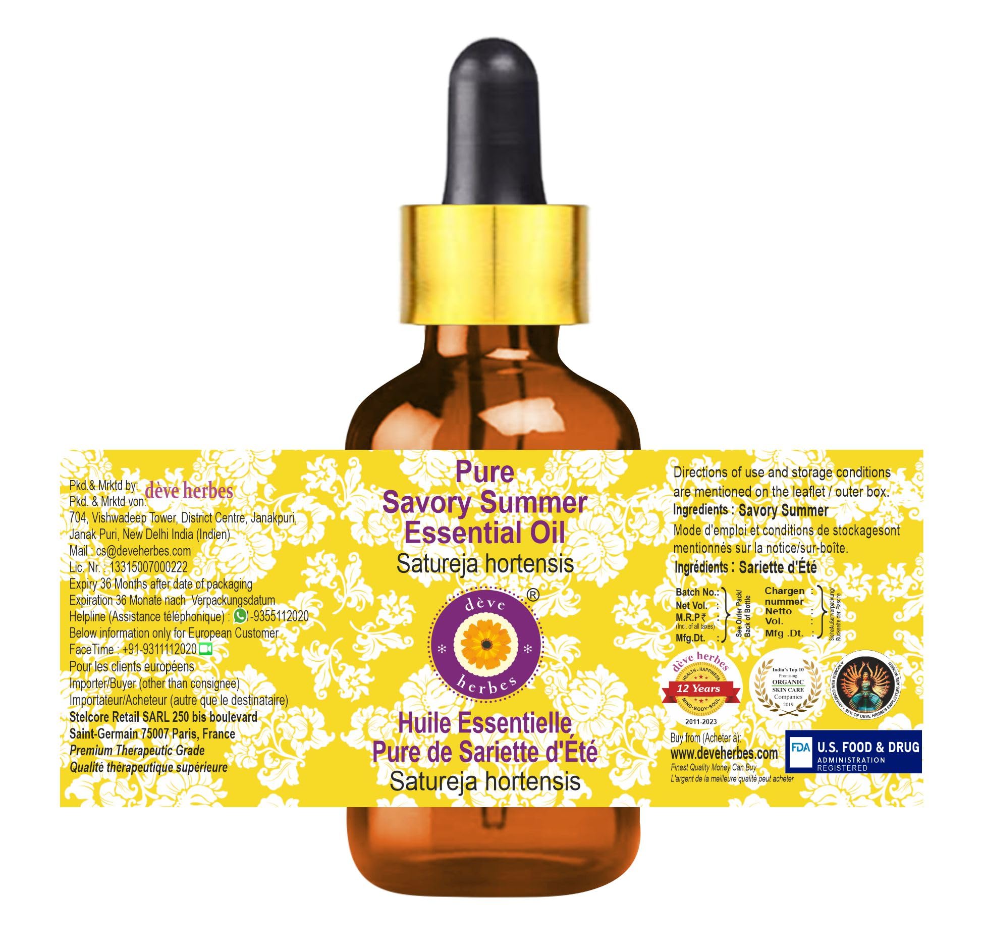 dève herbes Savory Summer Essential Oil (Satureja hortensis) with Glass Dropper | Pure | Non-Sticky | Non-Greasy | Lightweight | Men & Women | All Skin Types | Steam Distilled 15ml (0.5 oz)