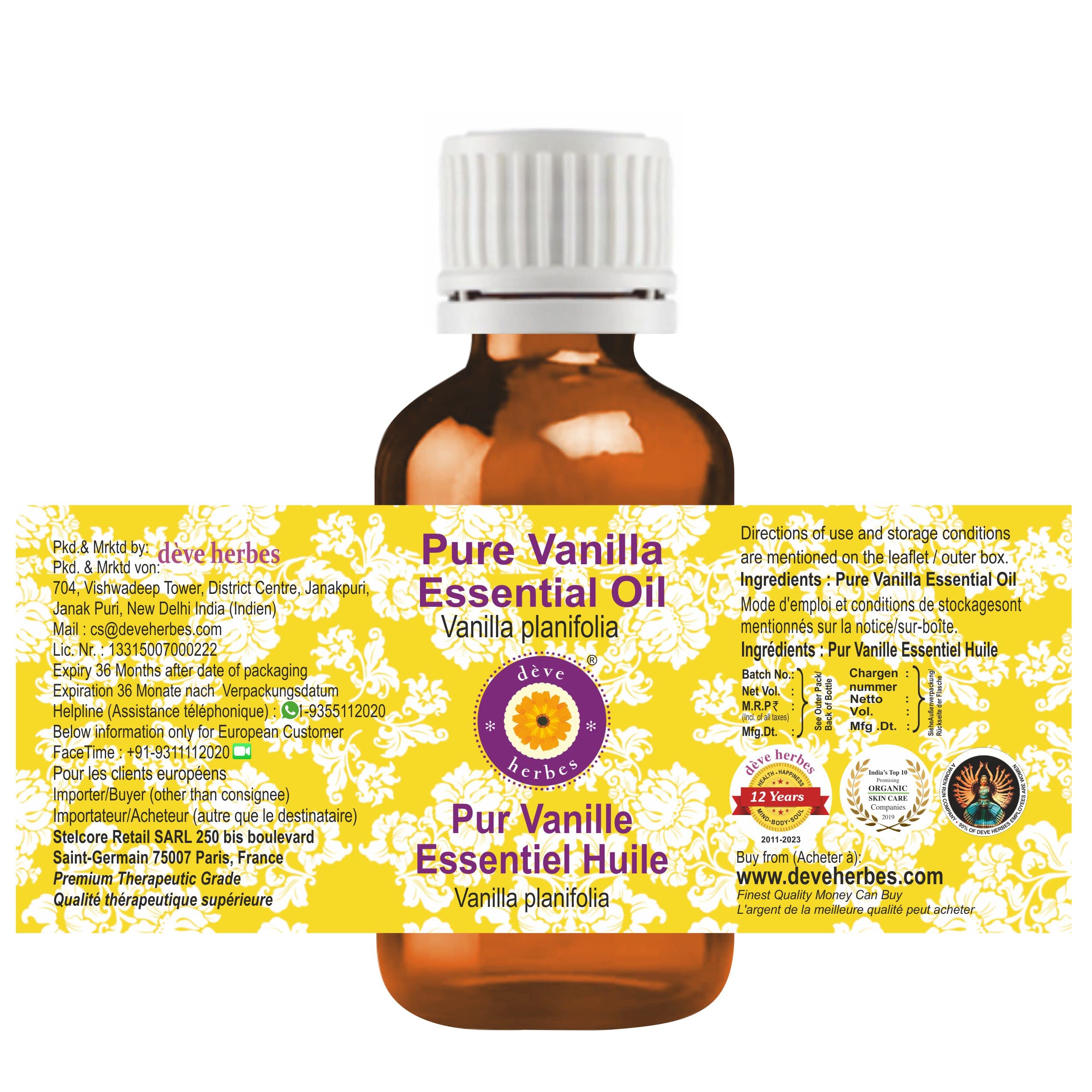 dève herbes Vanilla Essential Oil (Vanilla planifolia) Pure | Non-Sticky | Non-Greasy | Lightweight | Men & Women | All Skin Types | Steam Distilled 30ml (1 oz)