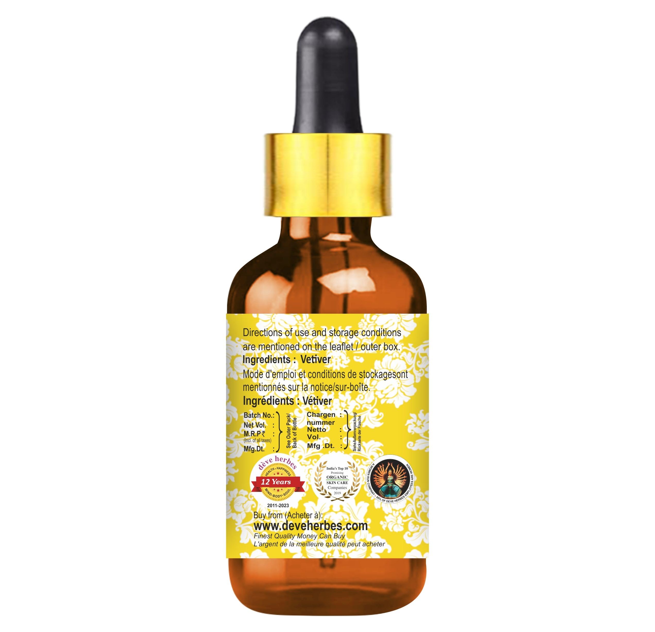 dève herbes Vetiver Essential Oil 5ml | Steam Distilled, Glass Dropper, Vetiveria zizanoides