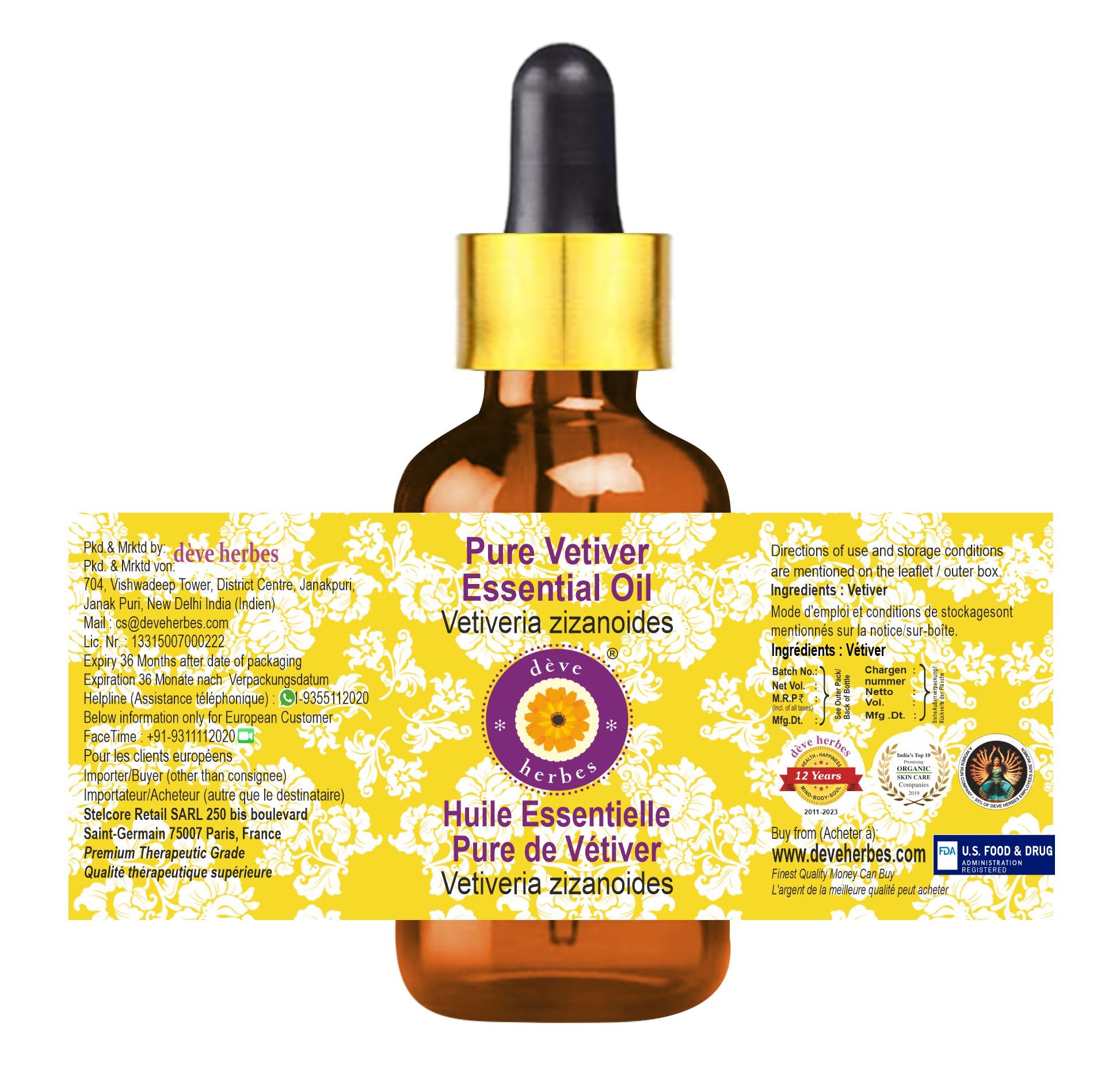 Deve Herbes Vetiver Essential Oil 30ml – Steam Distilled, Glass Dropper