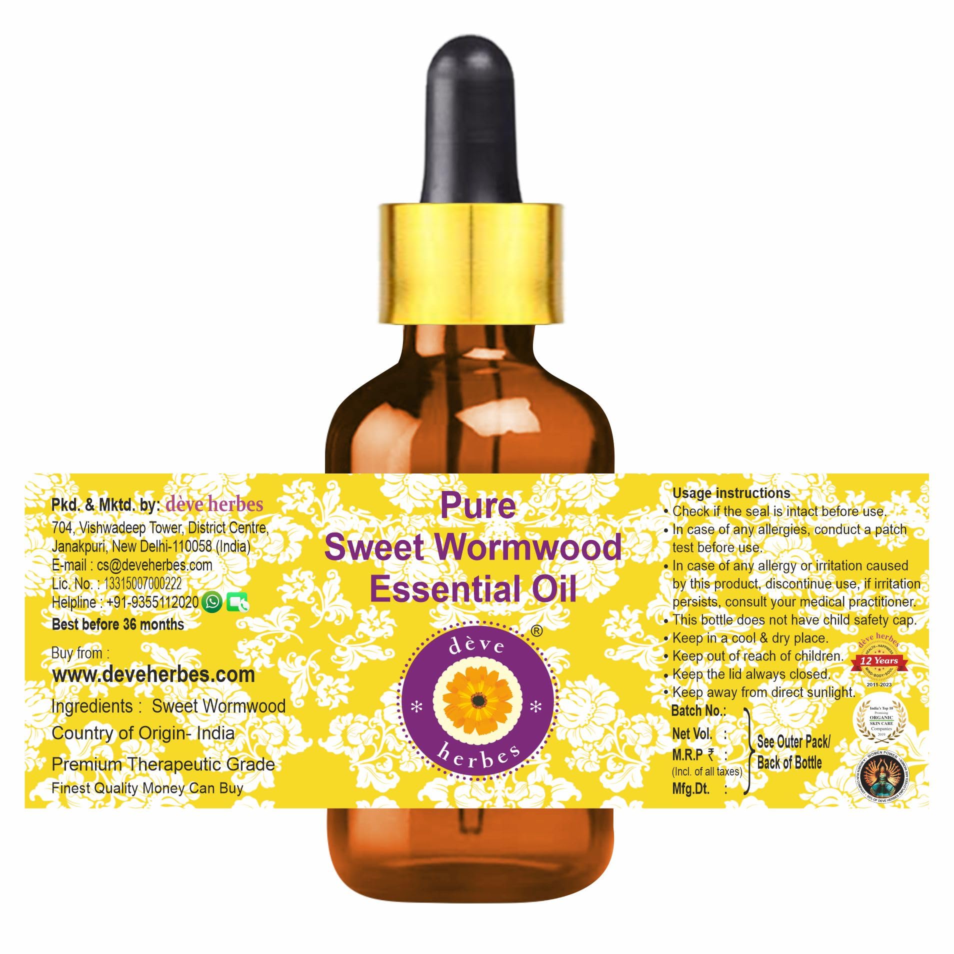 Deve Herbes Pure Sweet Wormwood Essential Oil 50ml with Glass Dropper