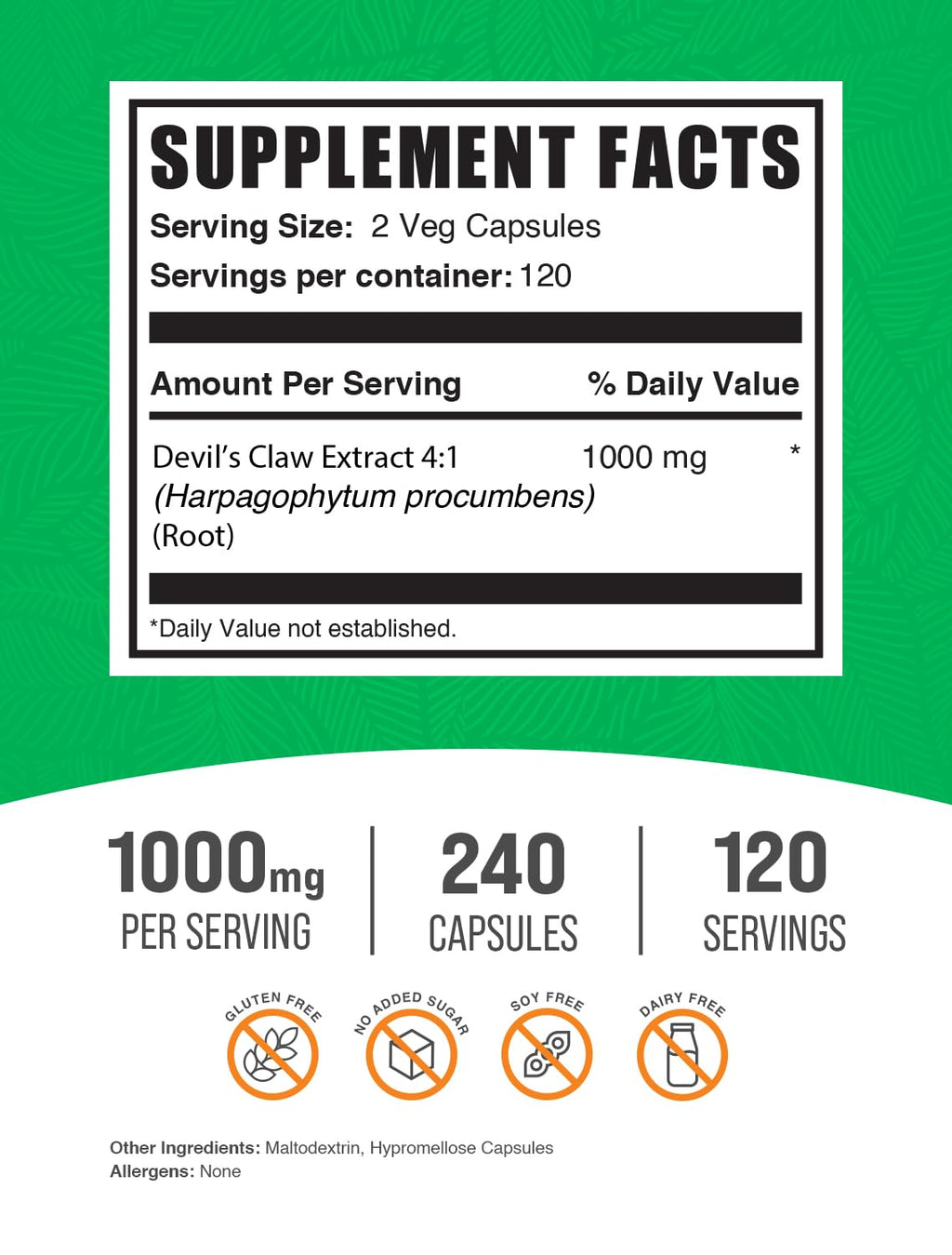 Devil's Claw Extract Capsules – Vegan & Gluten Free (240 Veg Caps) | BulkSupplements