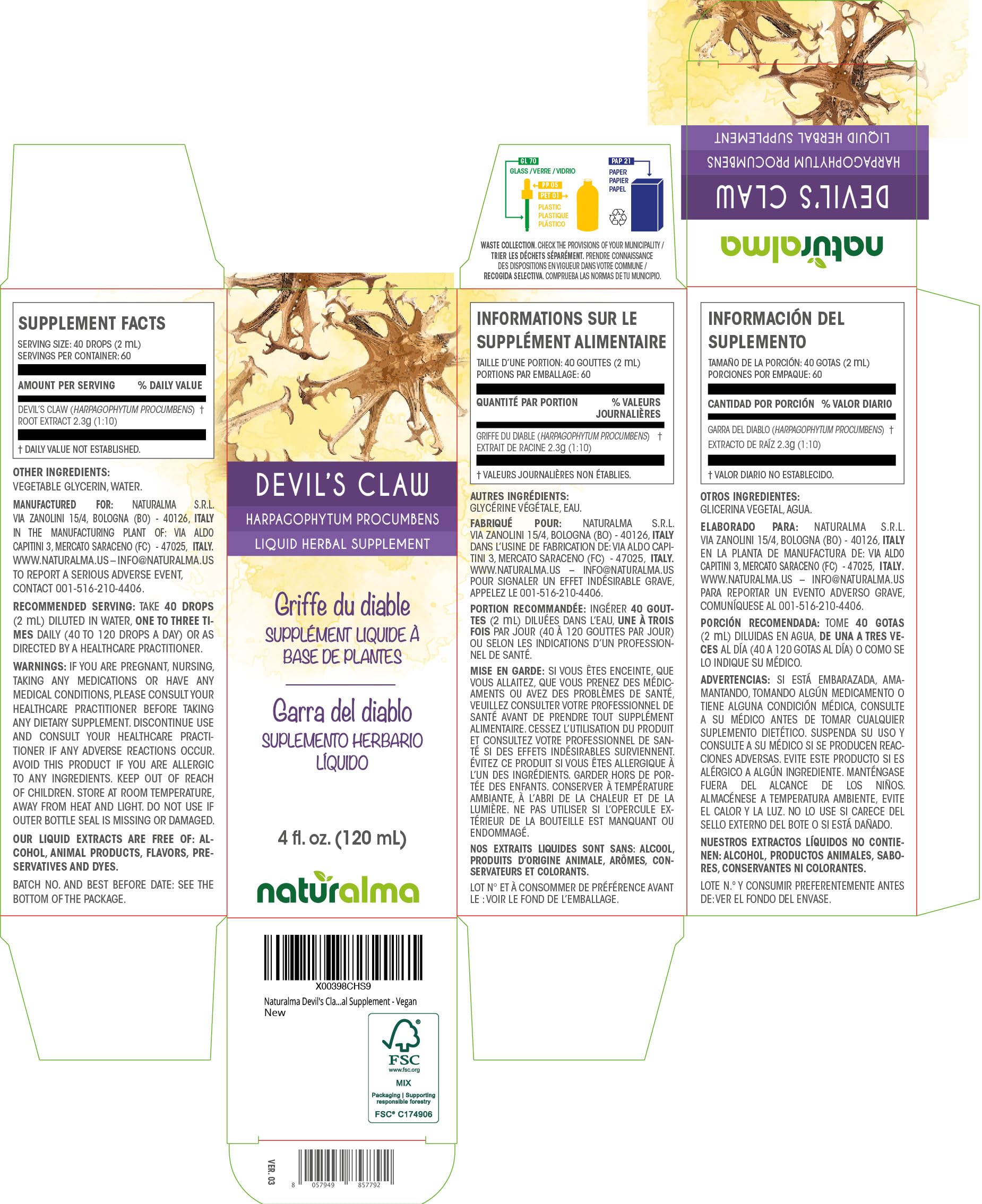 Naturalma Devil's Claw (Harpagophytum procumbens) Root Tincture 4 fl oz - Alcohol-Free Drops - Vegan