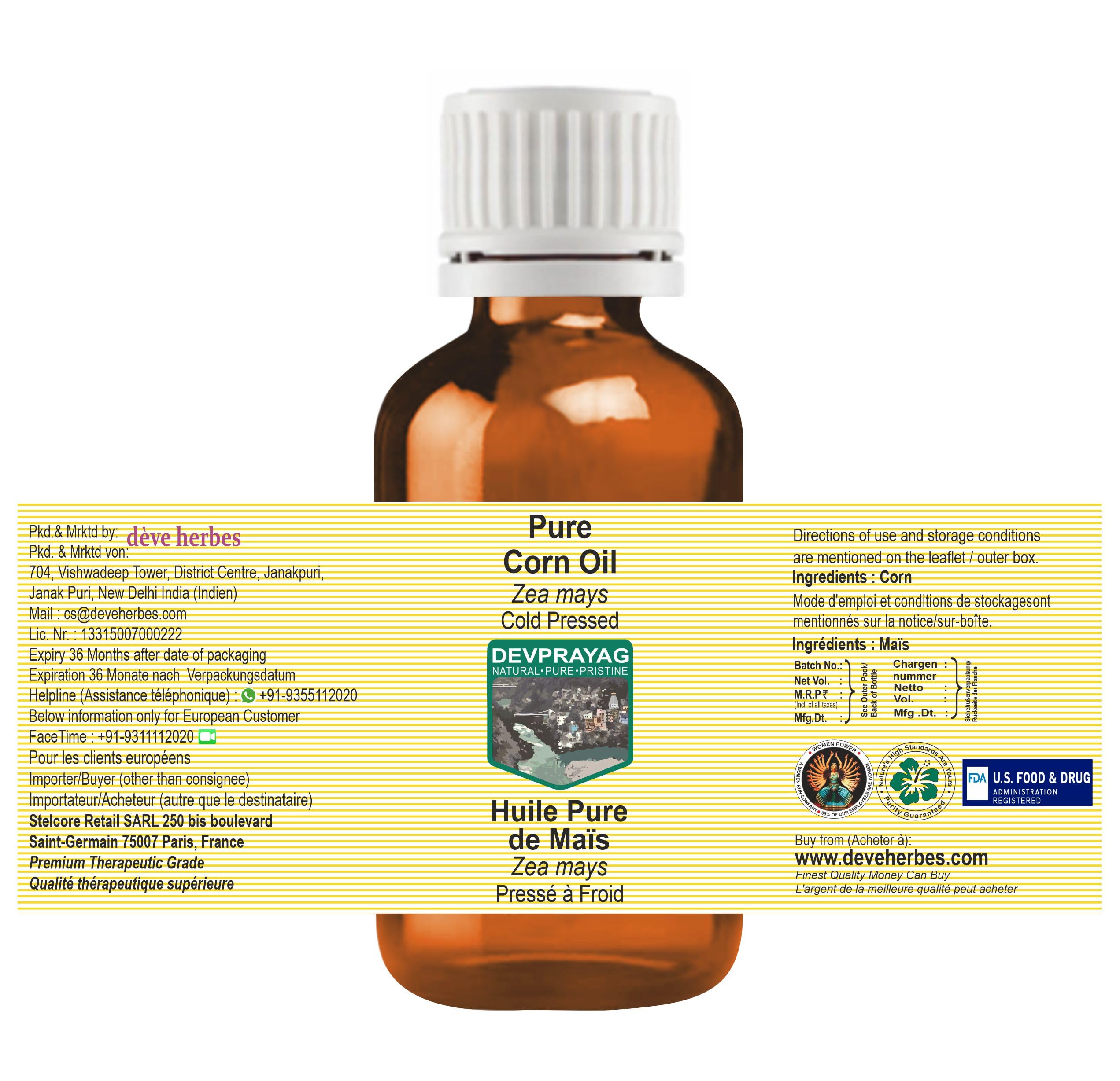 DEVPRAYAG Corn Oil (Zea mays) – Cold-Pressed Carrier Oil for Skin, Hair & Massage | 30ml