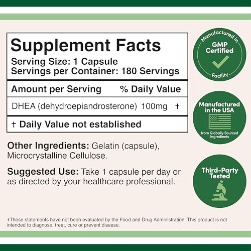 DHEA 100mg - 180 Capsules | Max Strength 6 Month Supply | Third-Party Tested | Hormone Balance & Healthy Aging | Double Wood