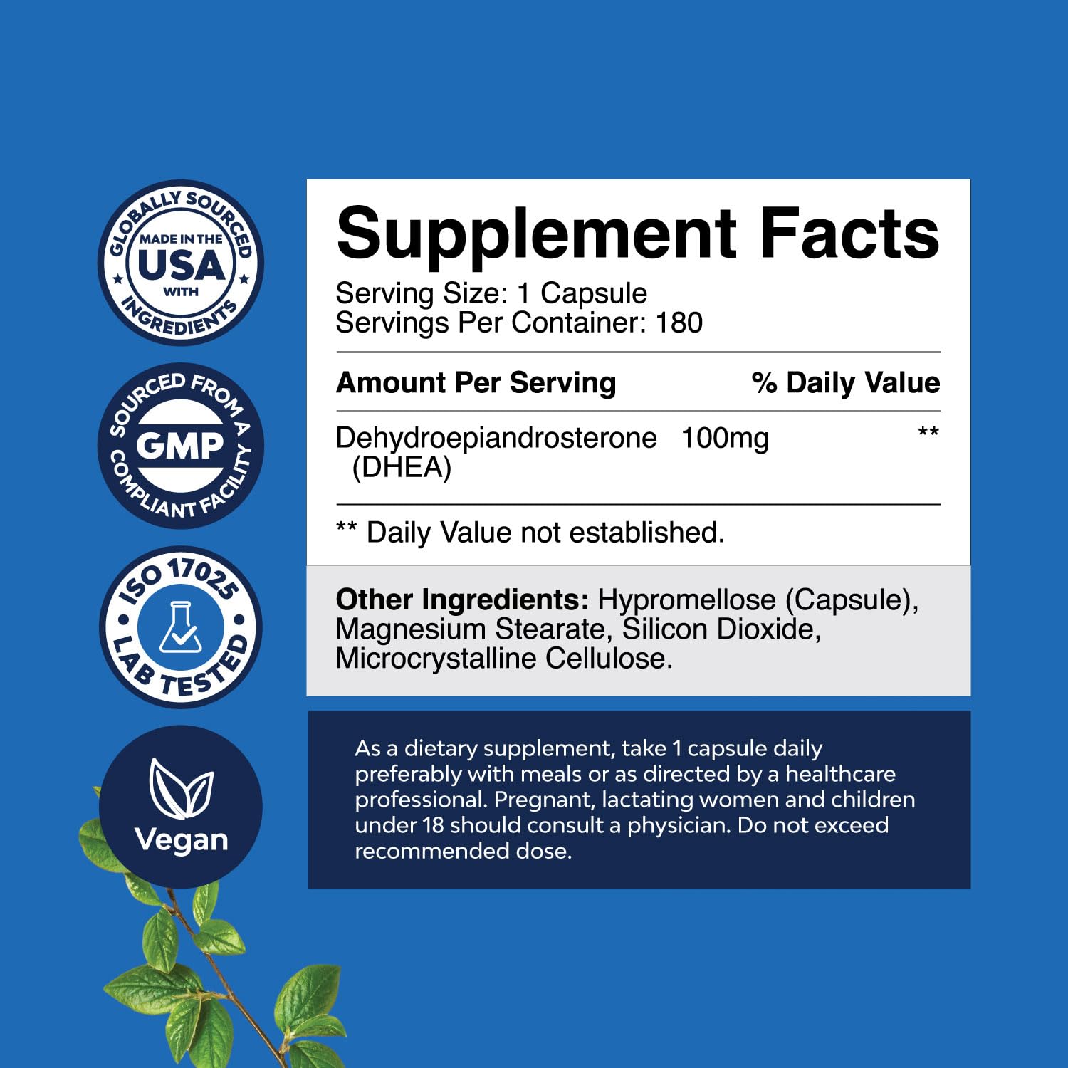 DHEA Supplement for Women & Men - Pure DHEA 100mg for Hormone Balance, Improves Mood Stability, Brain Function, Immune System, Energy & Fertility - Dehydroepiandrosterone Capsules for Adults - 180 Ct