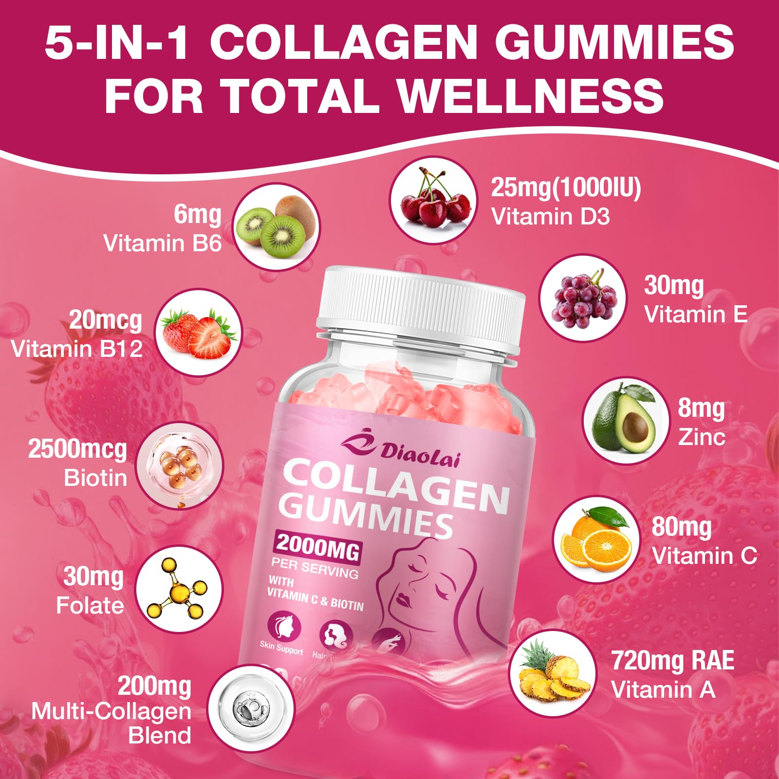 DIAOLAI Sugar-Free Multi Collagen Gummies – 5 Types I-V-X, Biotin & Vitamin C | Strawberry, 120 Gummies