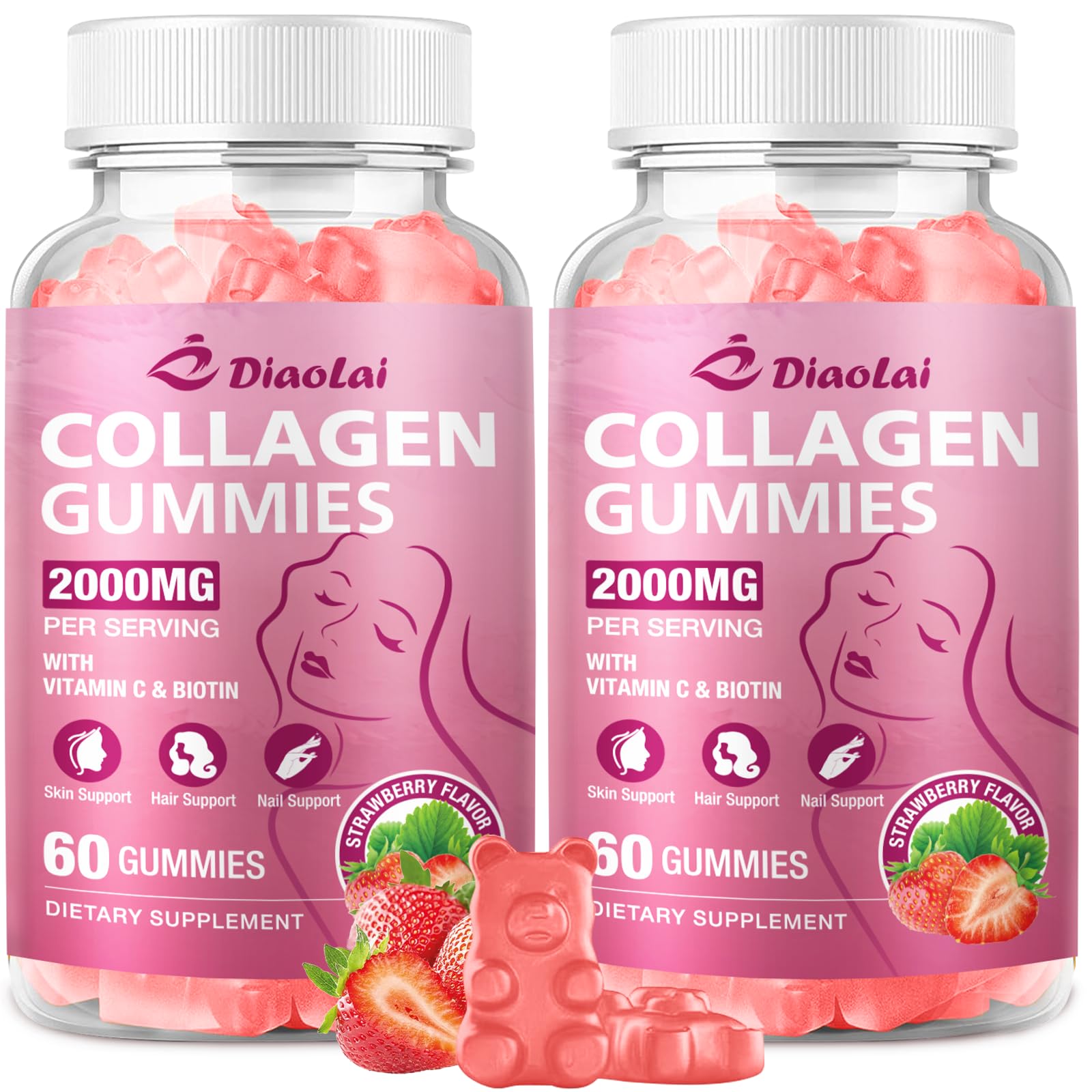 DIAOLAI Sugar-Free Multi Collagen Gummies – 5 Types I-V-X, Biotin & Vitamin C | Strawberry, 120 Gummies