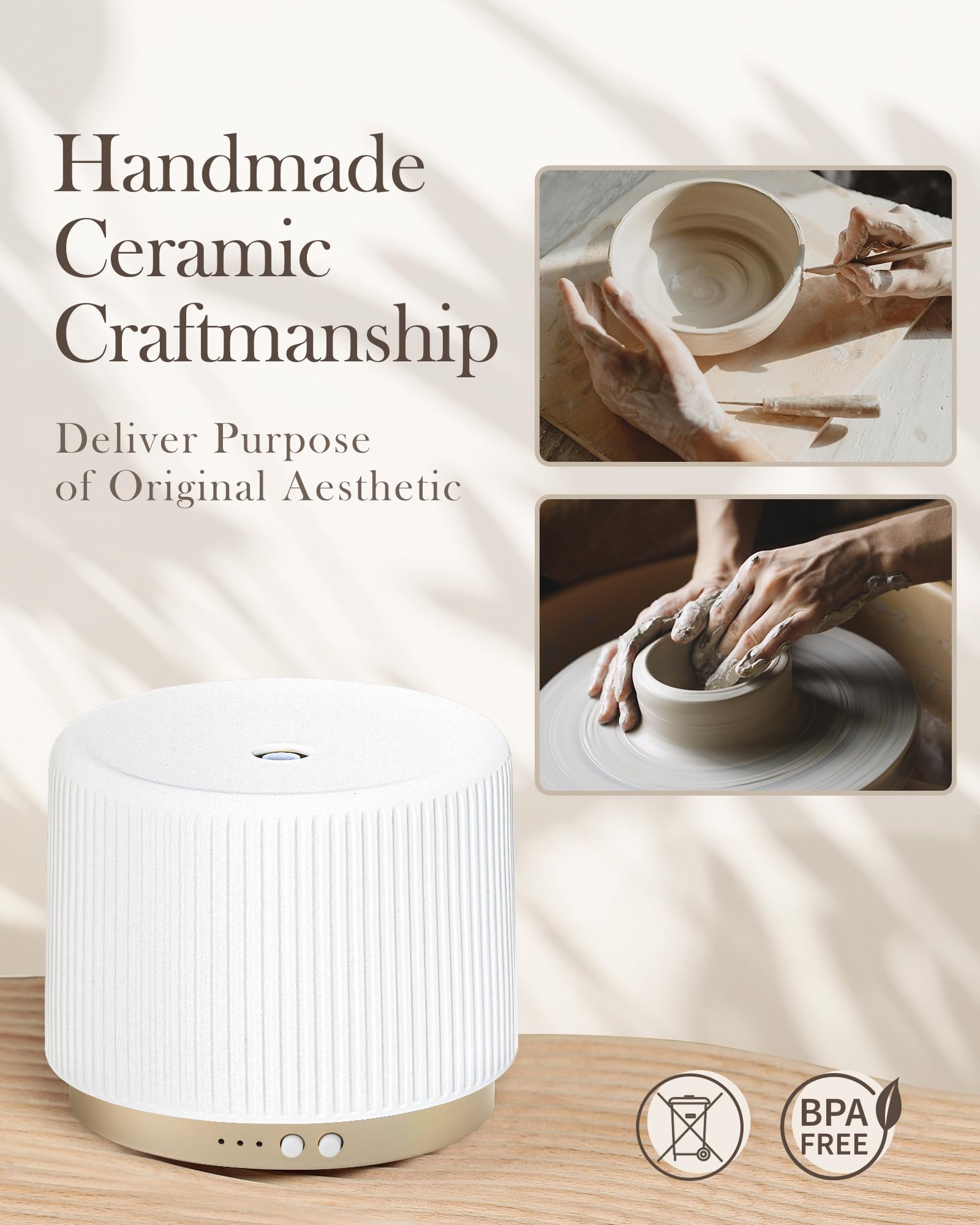 280ml Ceramic Essential Oil Diffuser – Ultrasonic Cool Mist, Auto Shut-Off, Quiet Sleep