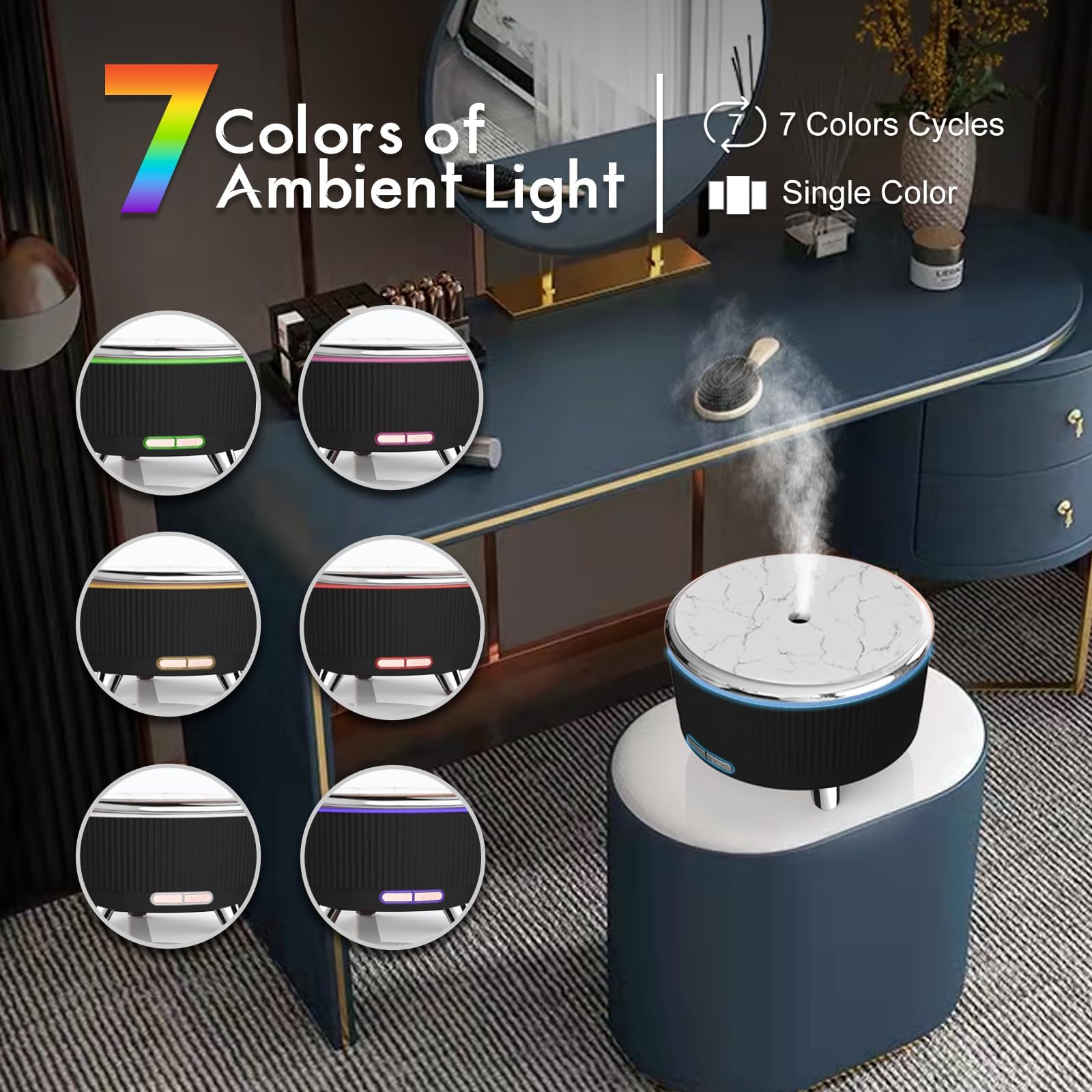Diffusers for Essential Oils - 500ml Large Room Aromatherapy Diffuser with Remote, 7 Color Lights, 3 Mist Modes, Auto Off (Black/Silver)