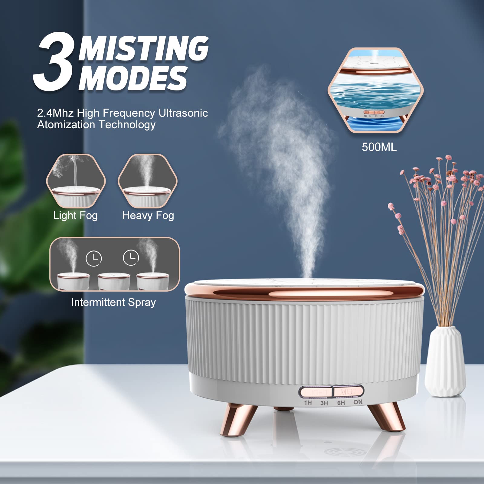 Essential Oils Diffuser 500ML for Large Rooms | 7-Color LED Lights & 3 Mist Modes