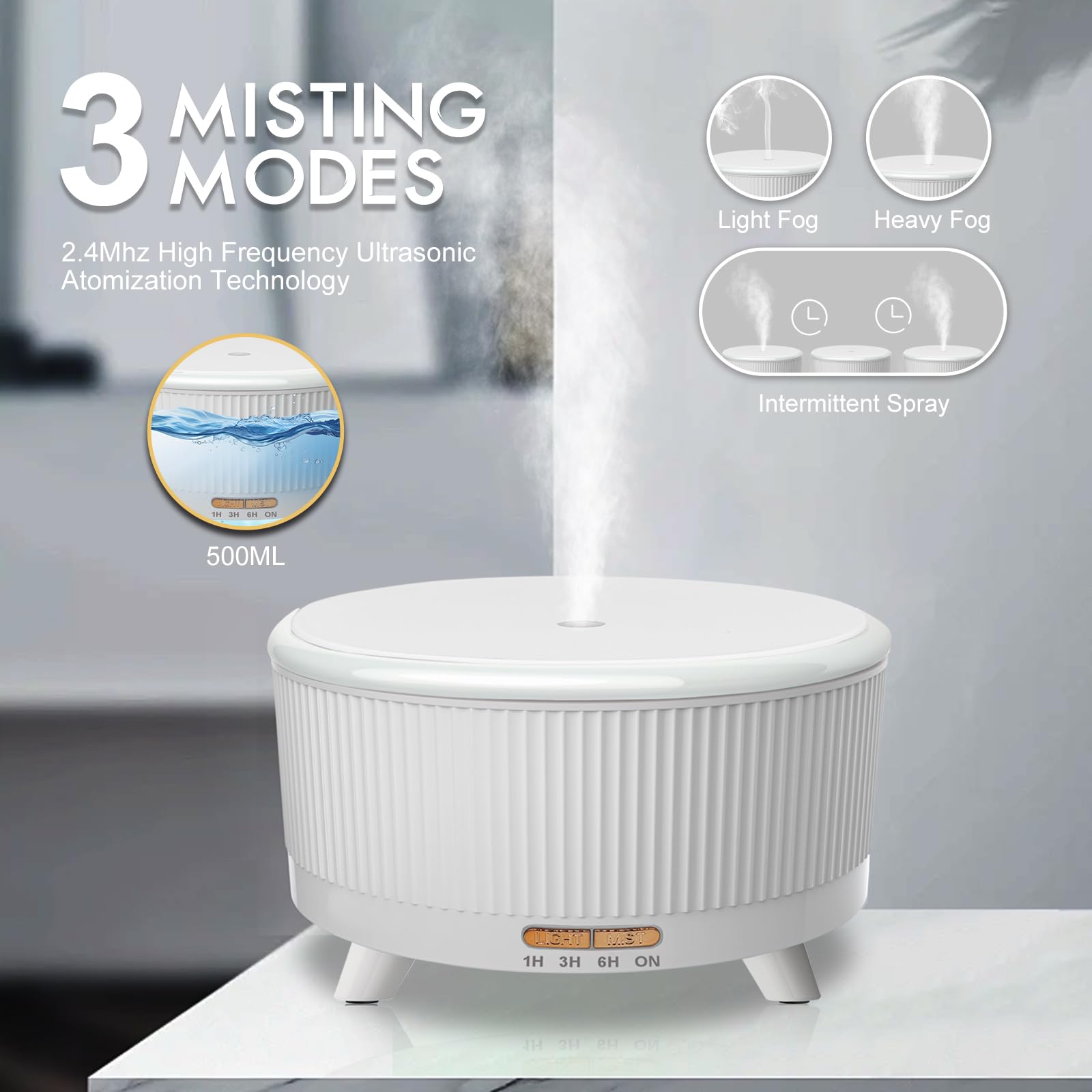 500ml Large Room Essential Oil Diffuser with Remote – Aromatherapy Humidifier, 7 LED Colors, 3 Mist Modes, Auto-Off