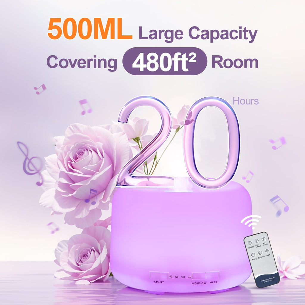 500ML Large Room Essential Oil Diffuser with Bluetooth Speaker, Remote & 6-Oil Set
