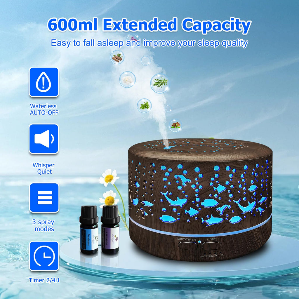 600ml Large Room Essential Oils Diffuser – Auto-Off, 7 Colors, 3 Mist Modes (Dark Wood)