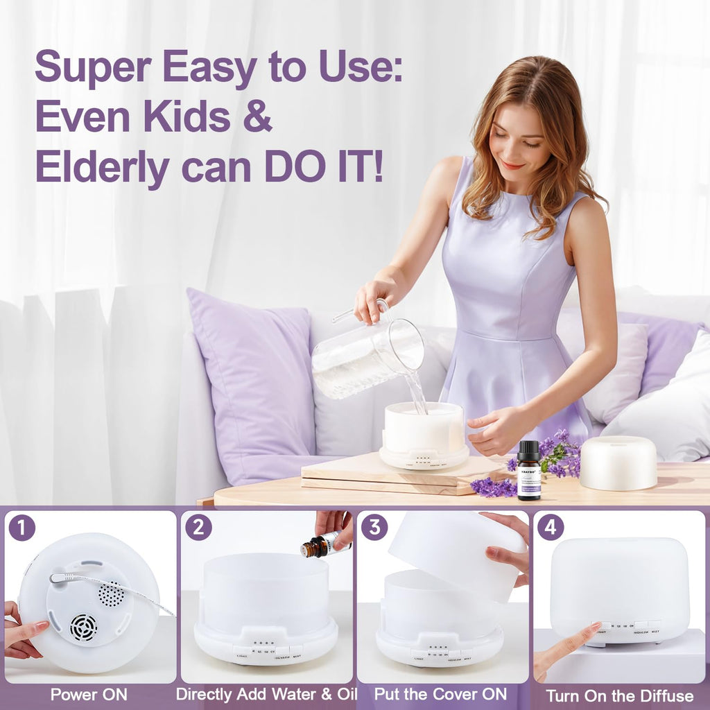 500ML Large Room Essential Oil Diffuser with Bluetooth Speaker, Remote & 6-Oil Set