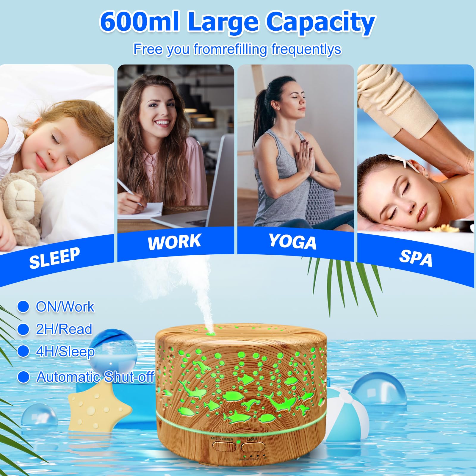Large Room Essential Oil Diffuser 600ml with Remote Control 7 Colors 3 Mist Modes