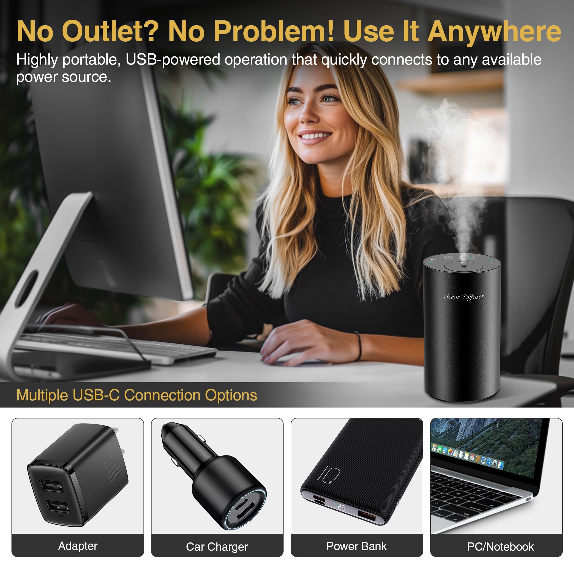 Waterless Essential Oil Diffuser Starter Kit - 2 Pack, Battery Operated, No Water Needed, 3x20ml Oils, Matte Black